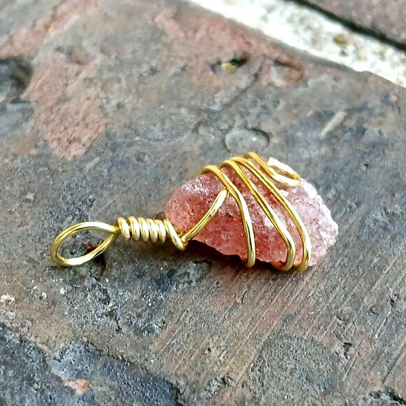 Raw Strawberry Quartz Crystal Charm Pendant, Wire Wrapped, Gold, 1.25" - Picture 2 of 3